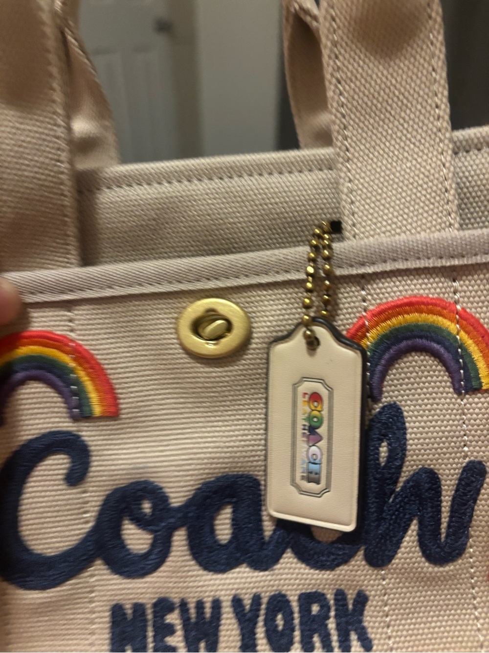 Coach Beige Canvas Tote with Rainbow Appliqués and Striped Strap - Picture 6 of 11